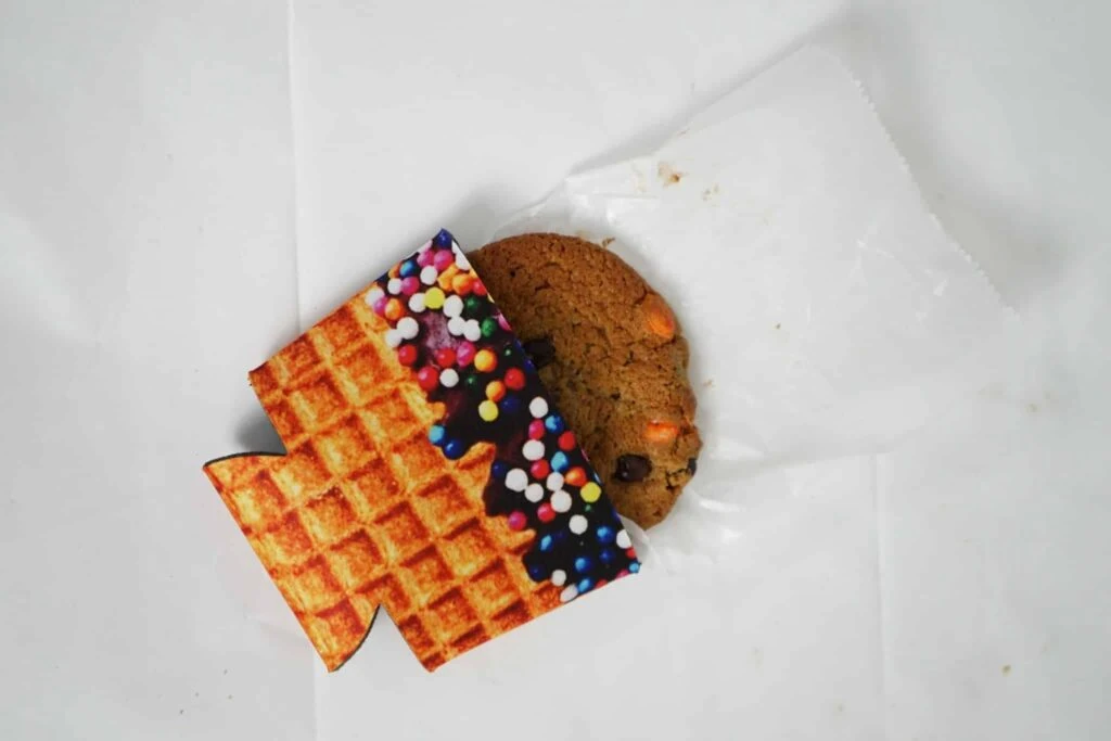 Personalized ice cream pint koozie with a cookie