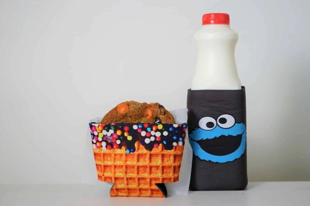 Personalized ice cream pint koozie with a cookie and milk