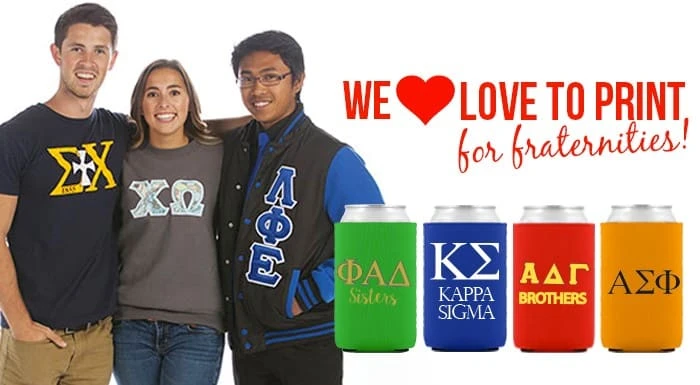 Custom fraternity koozies made for chapter, with Greek letters, colors, and custom text for any occasion