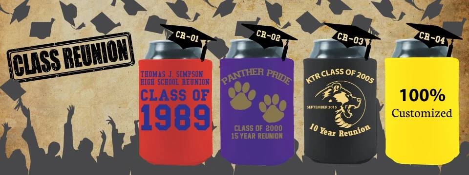 custom class reunion koozie, designed with school’s colors and reunion year.