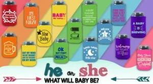 gender reveal party with a question mark symbolizing the anticipation of whether it's a boy or a girl. Custom koozies add a personalized touch.